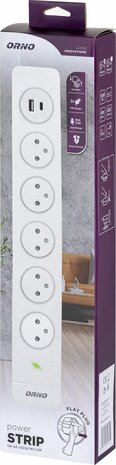 Orno - multiswitch stekker -Verlengkabel - Met randaarde - Stekkerdoos met SPD en 5 stopcontacten 2P+E, Easy Eject-systeem, 1,5 m kabel, Max 3680 W , 3x 1,5 mm&sup2; hoofdschakelaar met achtergrondverlichting en 2 snelle USB-laders (A +