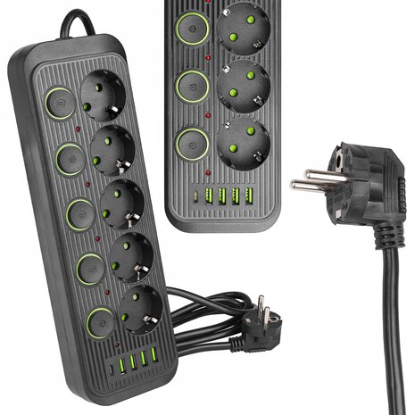multiswitch stekker Verlengkabel 2 m 5 AANSLUITINGEN AARDING 5x USB C schakelaar