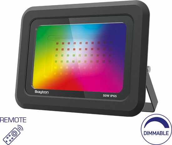 Braytron LED Buitenlamp - Schijnwerper - Breedstraler Floodlight -Zwart-Waterdicht IP65- Werkend met afstandsbediening, Dimbaar -50W- RGB (ROOD -GROEN -BLAUW)