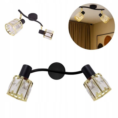 DUNBAR - Plafond Spot - 2 x E14 Fitting - 1 spotjes op plafondplaat - Modern - Zwart / goud- Glas - excl. lichtbron - Plafondspot voor woonkamer, slaapkamer of keuken.