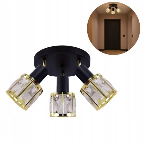 DUNBAR - Plafond Spot - 3 x E14 Fitting - 1 spotjes op plafondplaat - Modern - Zwart / goud- Glas - excl. lichtbron - Plafondspot voor woonkamer, slaapkamer of keuken.