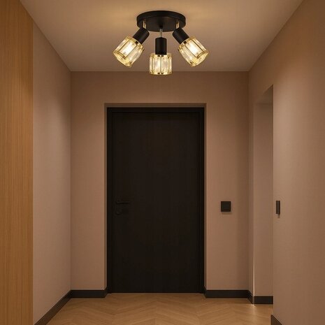 DUNBAR - Plafond Spot - 3 x E14 Fitting - 1 spotjes op plafondplaat - Modern - Zwart / goud- Glas - excl. lichtbron - Plafondspot voor woonkamer, slaapkamer of keuken.