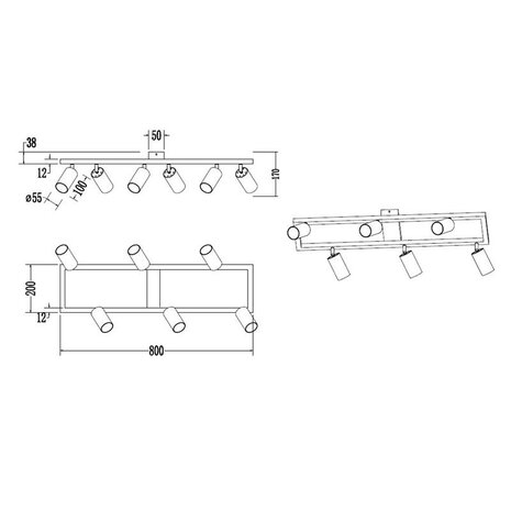 BUMO - Plafondspot - 6 x GU10 Fitting - Rechthoek - Zwart