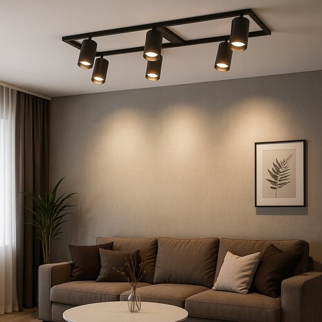 BUMO - Plafondspot - 6 x GU10 Fitting - Rechthoek - Zwart