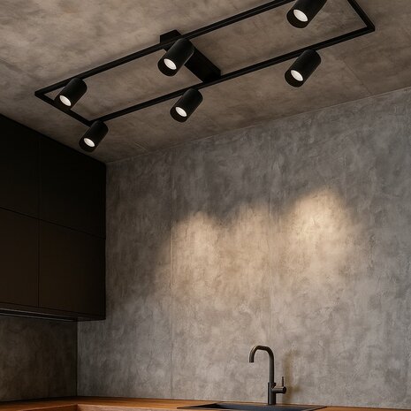 BUMO - Plafondspot - 6 x GU10 Fitting - Rechthoek - Zwart