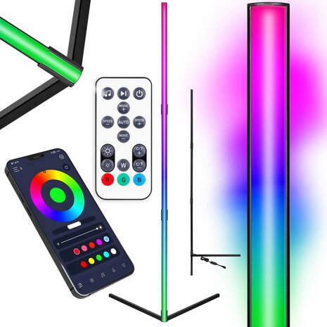 LED-vloerlamp - hoekmodel - APP - 140 CM - RGB CCT + afstandsbediening - Zwart