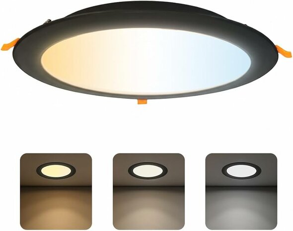 WAFEEL -LED Downlight - Inbouw Rond 18W - CCT - Aanpasbare licht kleuren - 3000K/4000K/6000K - 2450 Lumen - Mat Zwart - &Oslash;170mm - IP54 - Binnen/Buiten