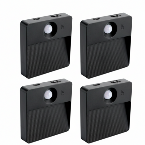 LUIS - Oplaadbaar wandlamp op accu draadloos - USB C - met bewegingssensor - CCT Aanpasbare licht kleuren - trapverlichting - Zwart - VIERKANT - GESCHIKT VOOR BINNEN - set van 4 stuks