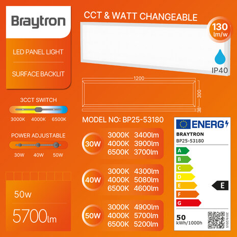 BRAYTRON - LED Paneel - 30x120cm  - Aanpasbare licht kleuren CCT - Aanpasbare wattage - 50W - 5700 Lumen - Opbouw - Rechthoek - Wit- Flikkervrij