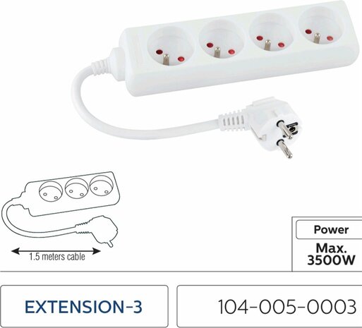Stekkerdoos - Verlengsnoer-Verlengkabel - Met Penaarde - 4x 2P+E ,1.5 meter H05VV-F 1x1,5mm2, Imax=16A, wit max 3680 watt VOOR BELGIE