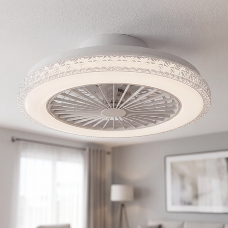 MONSUN - Moderne LED Plafondlamp met ventilator - 485 mm - CCT Aanpasbare kleuren- 48w - 2900K / 4200K / 6500K - 5110 Lumen - Dimbaar met afstandbediening - Kristal-Wit