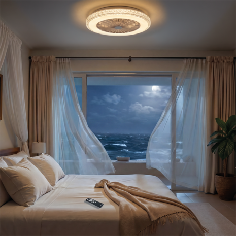 MONSUN - Moderne LED Plafondlamp met ventilator - 485 mm - CCT Aanpasbare kleuren- 48w - 2900K / 4200K / 6500K - 5110 Lumen - Dimbaar met afstandbediening - Kristal-Wit